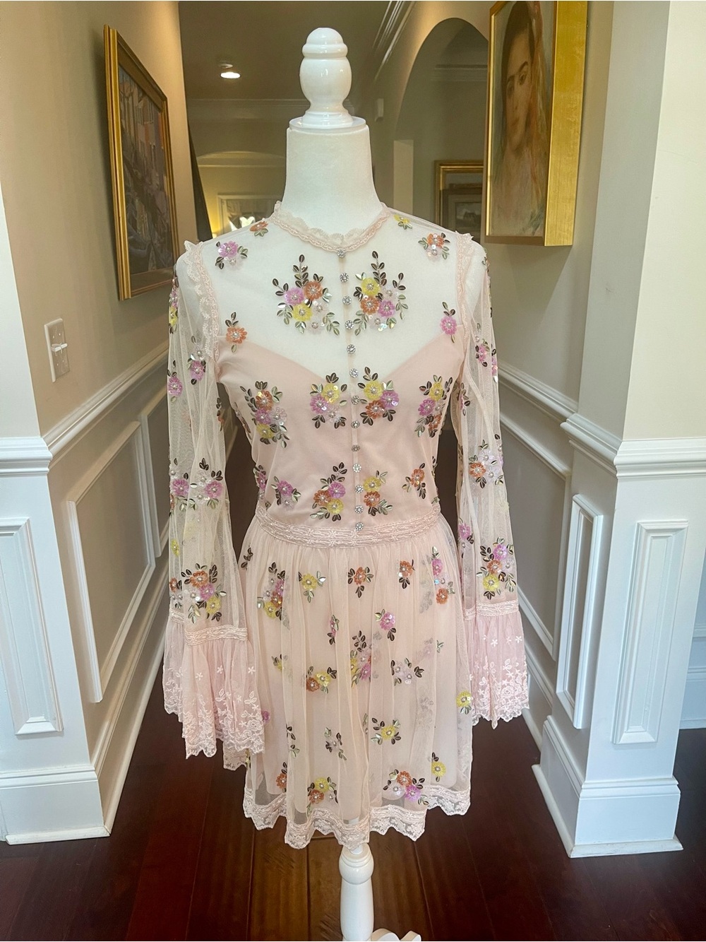 Alice + Olivia Allegra Embellished Lace Mini Gown Pale Pink NWT US 10 - Picture 6 of 16